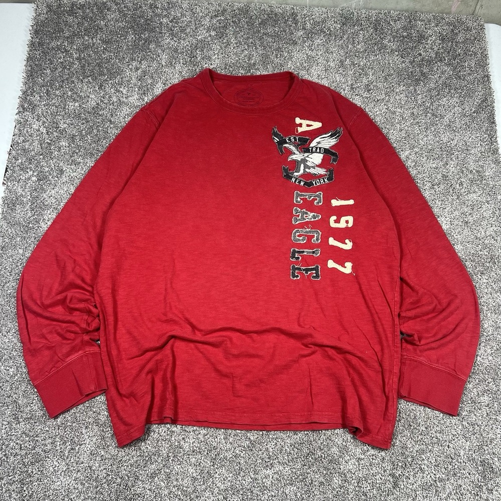 American Eagle T Shirt Mens 2XL Red Knit Long Sleeve Emboroidered Logo Y2K VTG